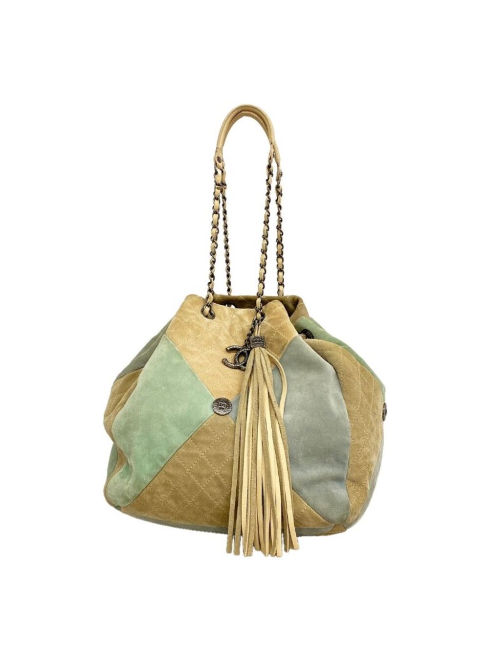 Chanel Shoulder Bag Quilted Suede Beige Green Blue Silver